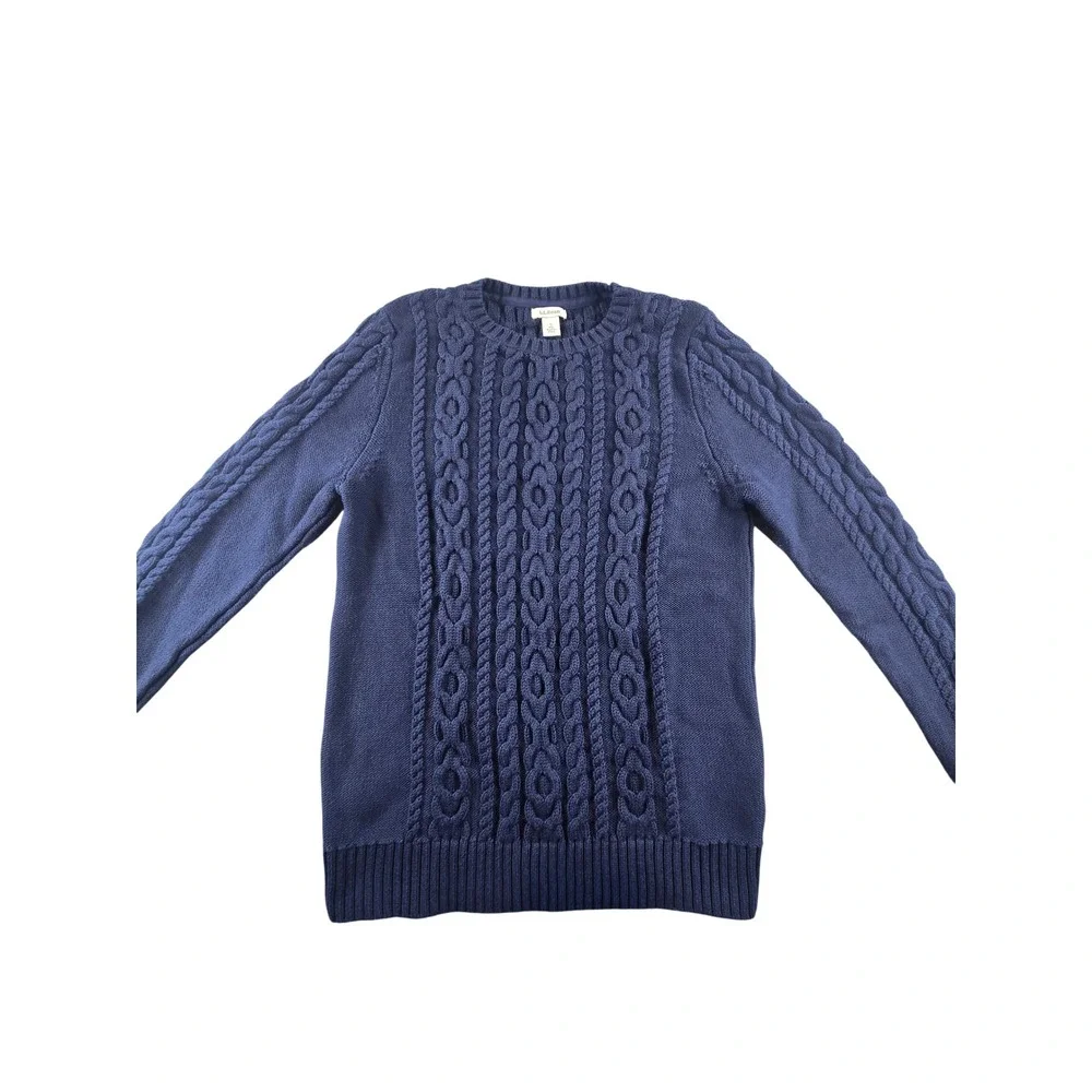 LL Bean Navy Blue Cable Knit Cotton Crewneck Sweater Mens Small 298839